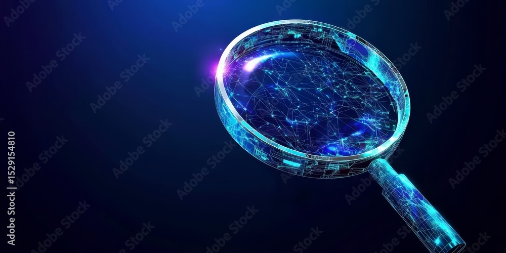 Poster digital illustration of internet search investigation with magnifier in polygonal vector style