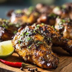 closeup shot ready to serve jerk chicken with shallow  soft natural light