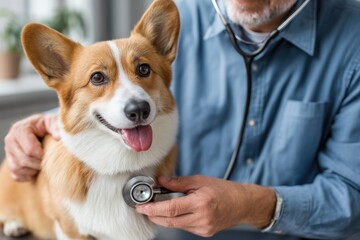 A veterinarian examines a Corgi dog with a stethoscope, the dog looks happy and healthy, enjoying the checkup.