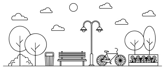 Line drawing of a street park with trees, bench, lamp and bicycle. vector illustration