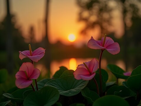 Vibrant Pink Anthurium Flowers on Lush Green Leaves in a Serene Natural Landscape at Sunset