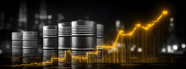 A panoramic view of stacked oil barrels and storage tanks against the backdrop of a rising financial chart representing the dynamic energy industry and its impact on the global economy