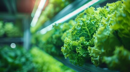 Rows of healthy, vibrant green lettuce thrive in a well-lit hydroponic farm, showcasing sustainable agriculture and the freshness of organic produce in an indoor setting.