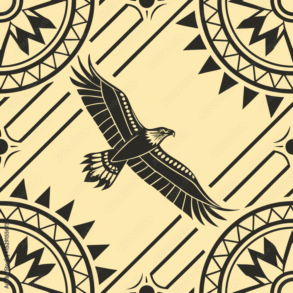 Poster aztec-inspired seamless vector pattern with eagle and geometric shapes