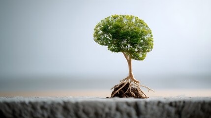 A surreal image depicting a tree with its roots forming the shape of a human brain symbolizing the concept of a growth mindset and the potential for personal development and transformation