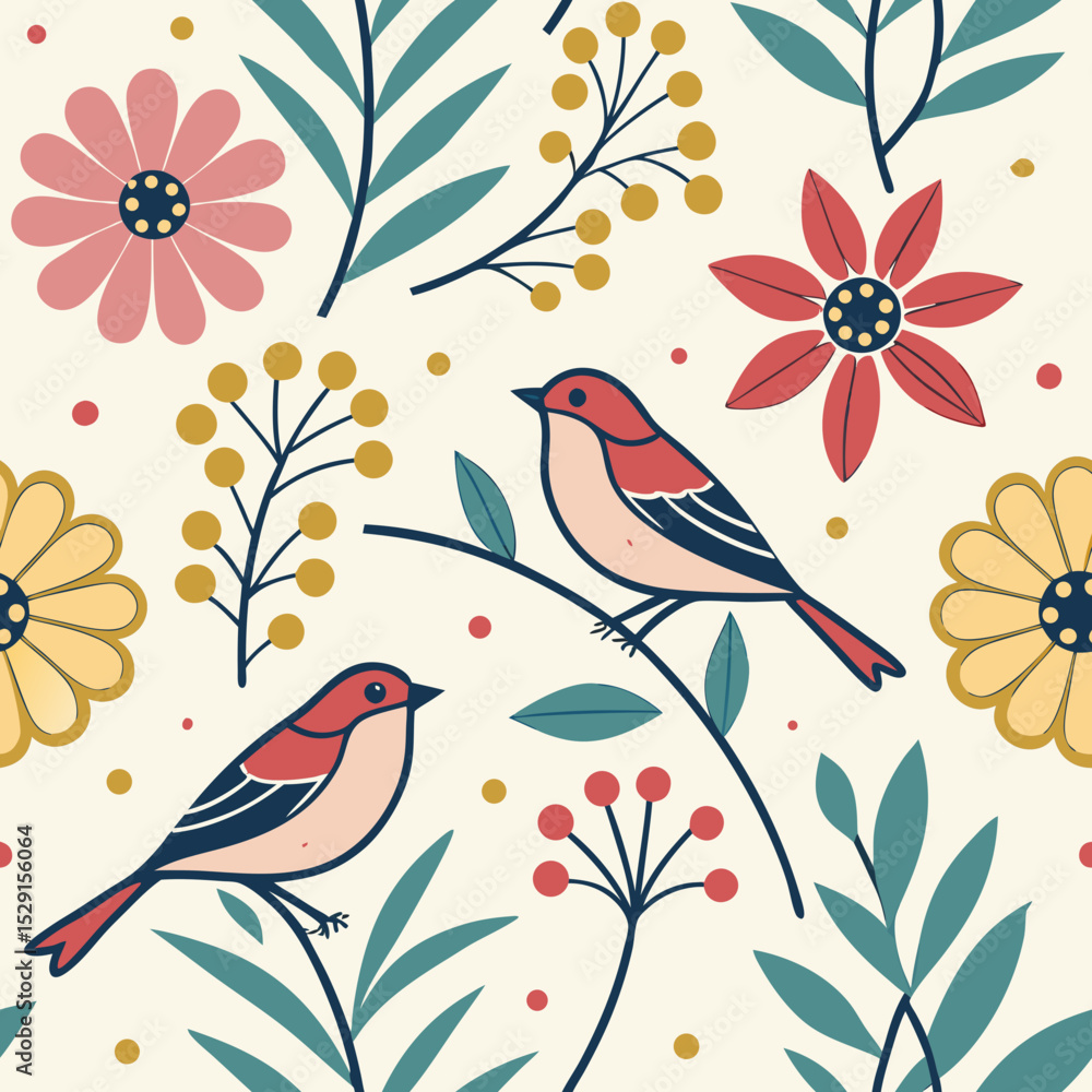 Aufkleber colorful floral seamless vector pattern with birds and leaves on a light background concept of seaml