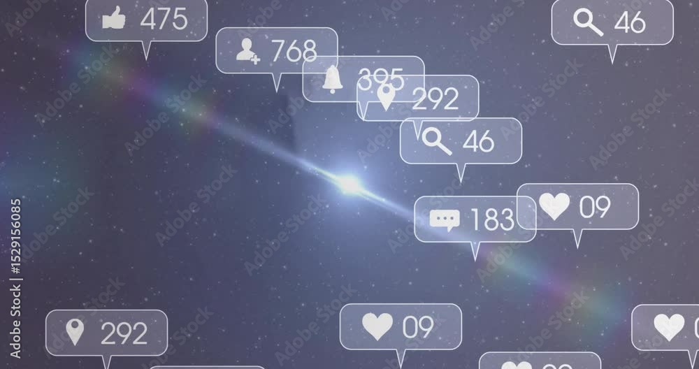 Poster bright star pulsing in dark space initiating animated social media bubbles showing changing counts