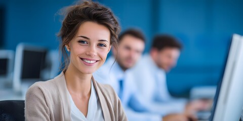 A young enthusiastic businesswoman working on a computer in a bright technology driven modern office environment surrounded by her focused team