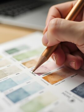 Close up of a hand holding a pencil over a color swatch book