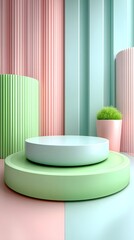 A minimalist geometric composition featuring a light green circular platform or podium displayed against a pastel colored striped backdrop