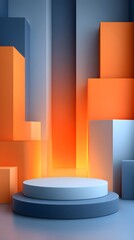 A modern minimalist composition featuring abstract geometric shapes in a gradient of vibrant orange and cool blue hues arranged on a sleek platform display