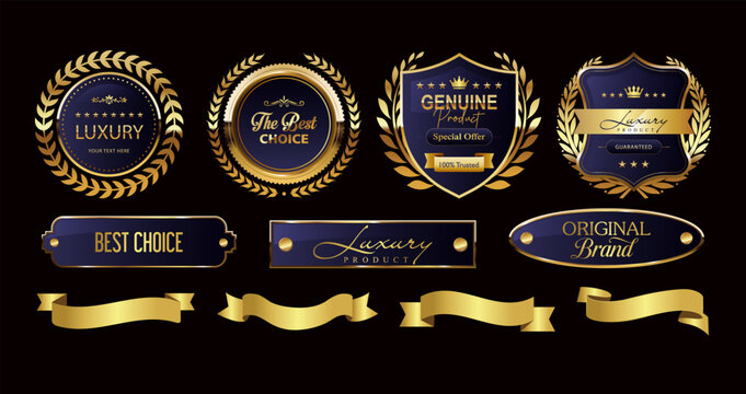 Golden luxury labels and banners, gold badge vector .premium quality certificate seal ribbons, Shield, VIP, super quality sticker tags and banners for best product seals, top no 1 brand golden crown