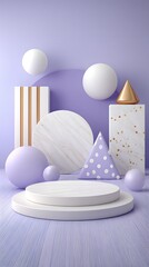 Sleek and modern arrangement of minimalist geometric forms in white purple and gold with polka dot patterns showcased on a podium like platform  category Graphic Resources