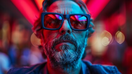 Obraz premium A close-up of a stylish individual wearing bold sunglasses under vibrant neon lights, highlighting a unique fashionable expression intertwined with modern urban culture and individuality.