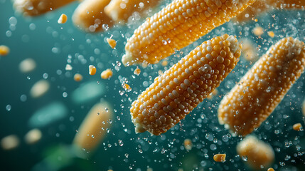 A close-up of corn cobs submerged in water, with air bubbles and individual kernels flying around them