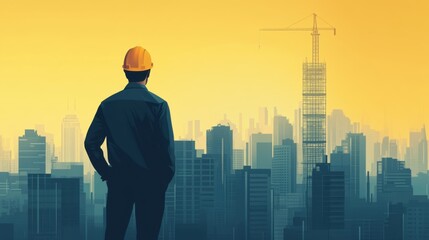 Construction Worker Overlooks Urban Landscape During Golden Hour Sunset