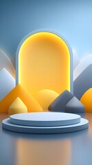 Sleek and modern 3D rendered scene featuring a minimalist geometric yellow and blue gradient platform or podium with a clean simple design for showcasing products or digital presentations
