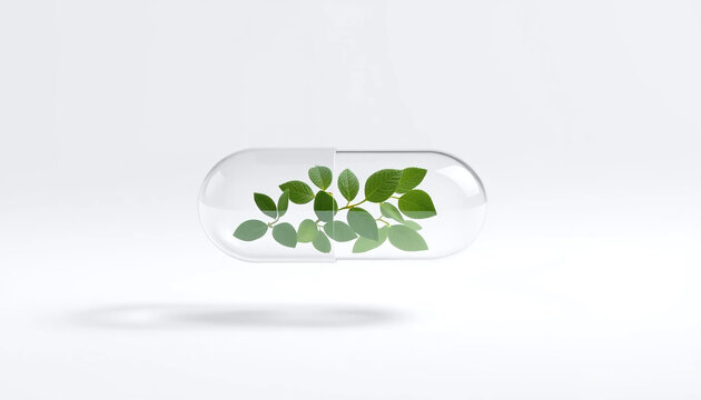 Transparent capsule with green leaves inside floating on white background, symbolizing natural medicine and eco friendly health solutions with fresh and clean concept