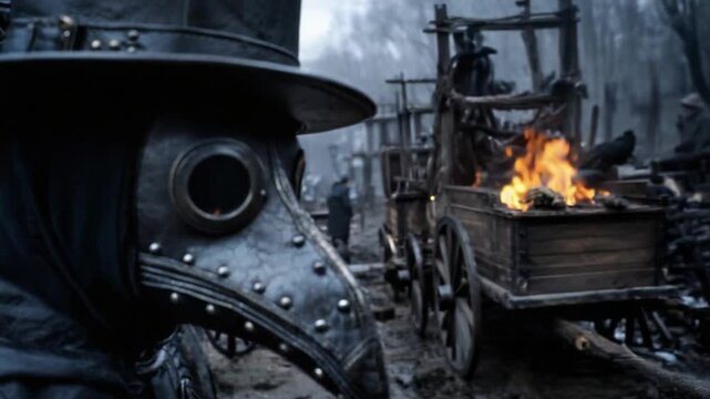 A figure in a black cloak and beaked mask stands near a cart. The setting is grim, with fire in the background, symbolizing the urgency of the bubonic plague response in medieval Europe