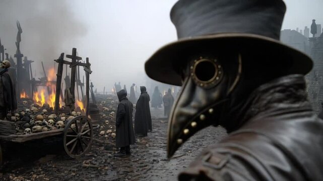 Witness a grim representation of the bubonic plague's influence in the 14th century, showcasing a plague doctor amid devastation, as society grapples with the deadly disease's aftermath