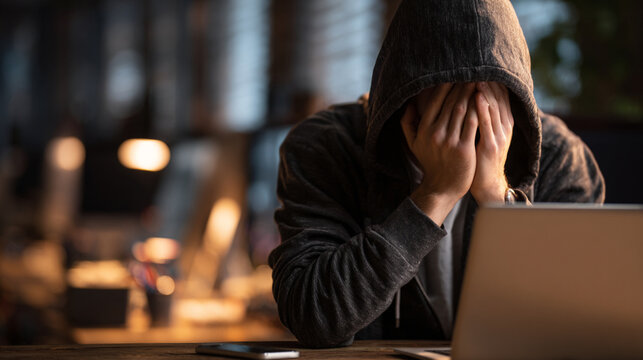Cybersecurity Threats:  Depressed Hacker Facing Digital Crisis -  Online Security Risks & Mental Health - Powered by Adobe