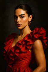 Confident elegance: portrait of a woman in a red ruffled dress