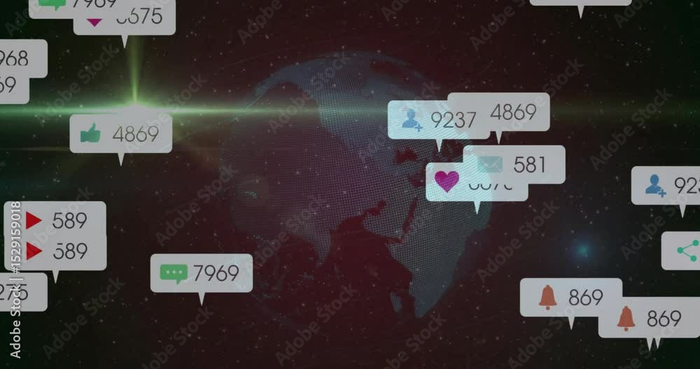 Poster rotating 3d dotted globe in starry field spawning notification bubbles showing global data flow