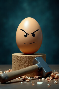 Naklejki A determined egg sits atop a crumbling block. A hammer rests nearby, symbolizing resilience. The image, displayed on a stock photo website, is ready for submission.  