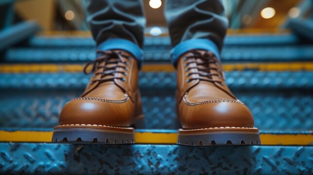 These stylish brown leather boots stand out prominently on steel staircase steps, showcasing both craftsmanship and modern fashion aesthetics in a dynamic setting.