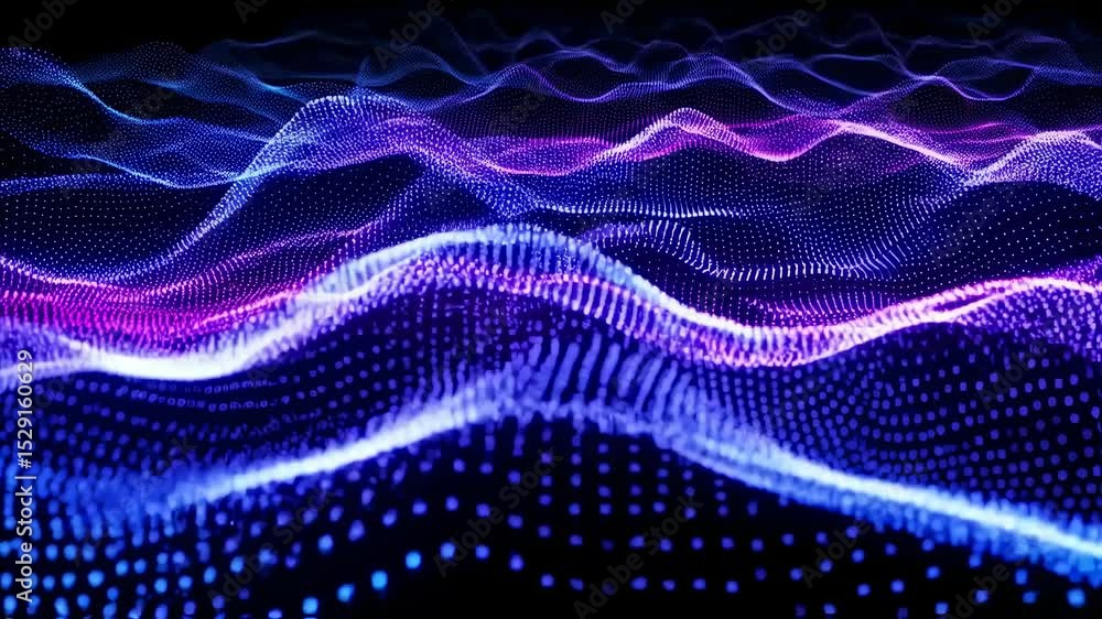 Poster abstract glowing dots form wave patterns. blue and purple light illuminates dark background. data st