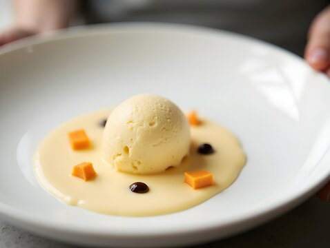 Dish with a single scoop of dairy-free ice cream on a simple white plate, gastronomy photography