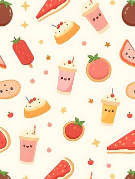 kawaii seamless pattern with cute food and drinks