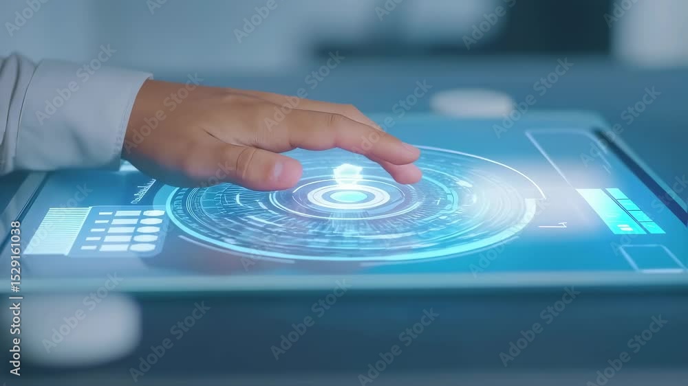 Poster hand touches digital interface. blue circle glows on surface. modern technology displays data. infor