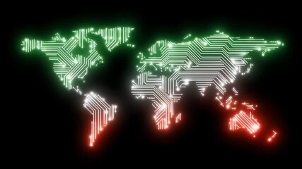 Global Circuitry: An abstract world map emerges, etched in vibrant circuitry against a solid black expanse, embodying the seamless digital connection across continents. - Powered by Adobe