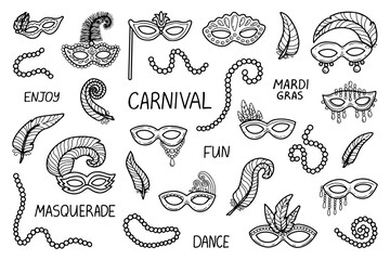 Carnival accessories set. Hand drawn doodle vector. Masquerade mask, feathers, beads. Vintage holiday costume. Secret face. Festival decoration. Holiday fashion. Illustration line art group elements. © Mari Bryk
