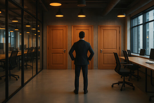 Businessman Stands at Crossroads in Modern Office Choosing Future Path Career Decisions