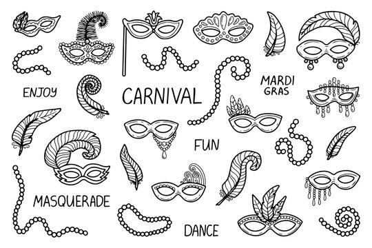 Carnival accessories set. Hand drawn doodle vector. Masquerade mask, feathers, beads. Vintage holiday costume. Secret face. Festival decoration. Holiday fashion. Illustration line art group elements.