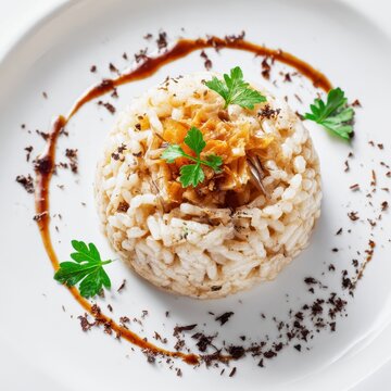 closeup shot ready to serve arroz de enguia gourmet food styling minimal white background