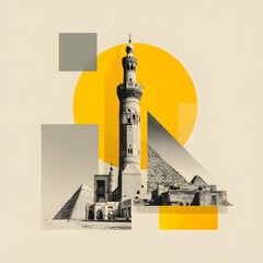 Egyptian pyramids and architectural tower with geometric shapes, travel destination, desert background