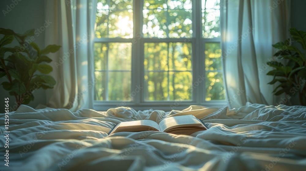 Poster a serene bedroom setting bathed in natural light features an open book on a rumpled bed, creating an