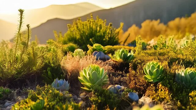Sunlit succulent plants and native grasses with distant mountain peaks, golden hour glow, shallow depth of field