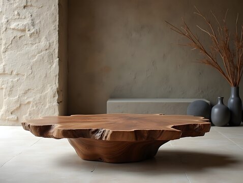 A modern interior stage for product featuring a unique, large wooden coffee table made from a single slab of wood, set against a textured stone wall and minimalist decor.