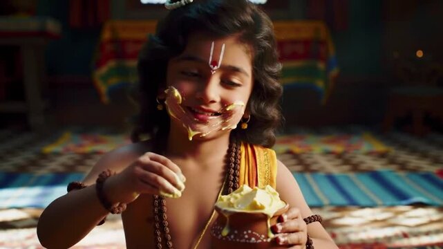 Young Lord Krishna with butter smeared on his face, holding a clay pot of butter, sitting on the floor with a mischievous smile, traditional Indian background - Powered by Adobe