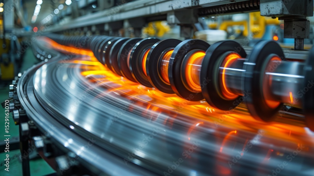 Poster a dynamic image capturing the mesmerizing motion of metal gears on a conveyor, showcasing the intric