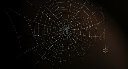 Obraz premium Spider web with dew drops illuminated against a dark background 