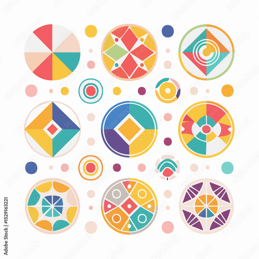 Poster colorful abstract geometric circle patterns with various shapes and details on white background