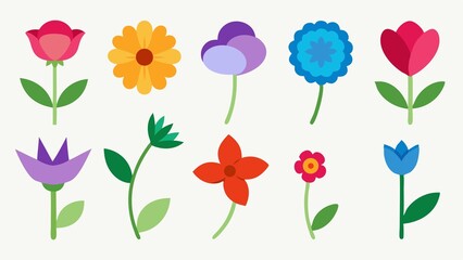 Collection of Colorful Flat Design Flower Icons on a White Background