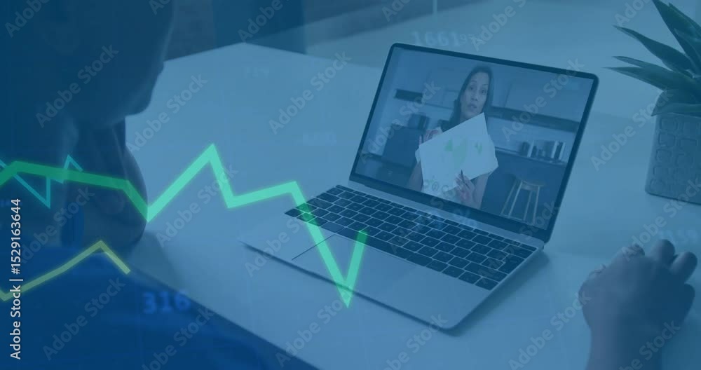 Poster business viewer typing notes after presenter pointing charts with animated line graphs for insight