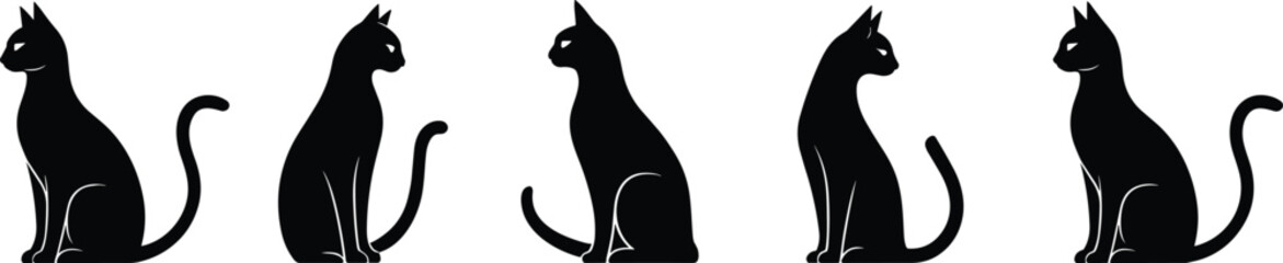 Collection of Elegant Sitting Cat Silhouettes: Various Feline Poses Representing Domestic Pets, Graceful Animals, and Companionship, Ideal Vector Illustrations for Pet-Themed Designs