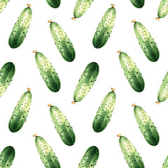 Seamless pattern with cucumber . Watercolor cute background with green vegetables.